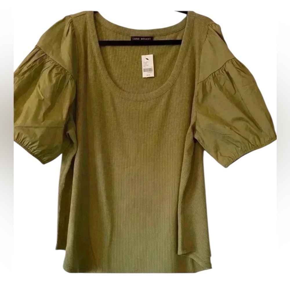 Lane Bryant Womens Army Green Puff Peasant  Short Sleeve Top NEW 26-28